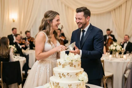 Couple de mariés souriant en train de couper leur gâteau de mariage à plusieurs étages lors de la réception