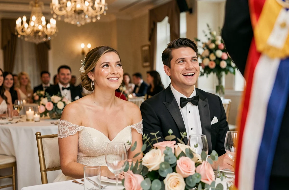 Couple de mariés ému écoutant le discours du maire lors d'un mariage élégant en intérieur