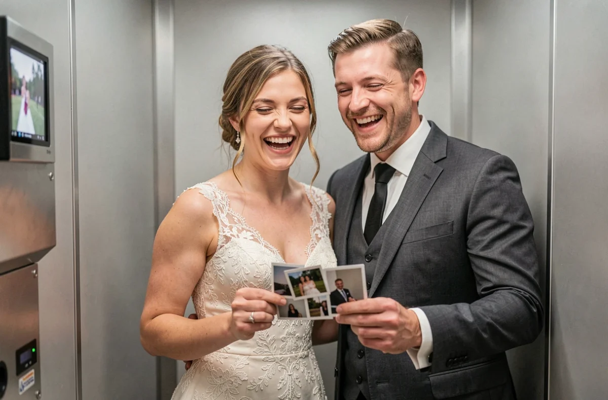 Couple de mariés riant devant un photobooth KRUU tenant des strips photo imprimés lors d'un mariage élégant
