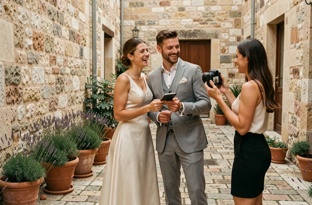 Couple de mariés et photographe consultant les photos dans une cour provençale pittoresque à Toulon