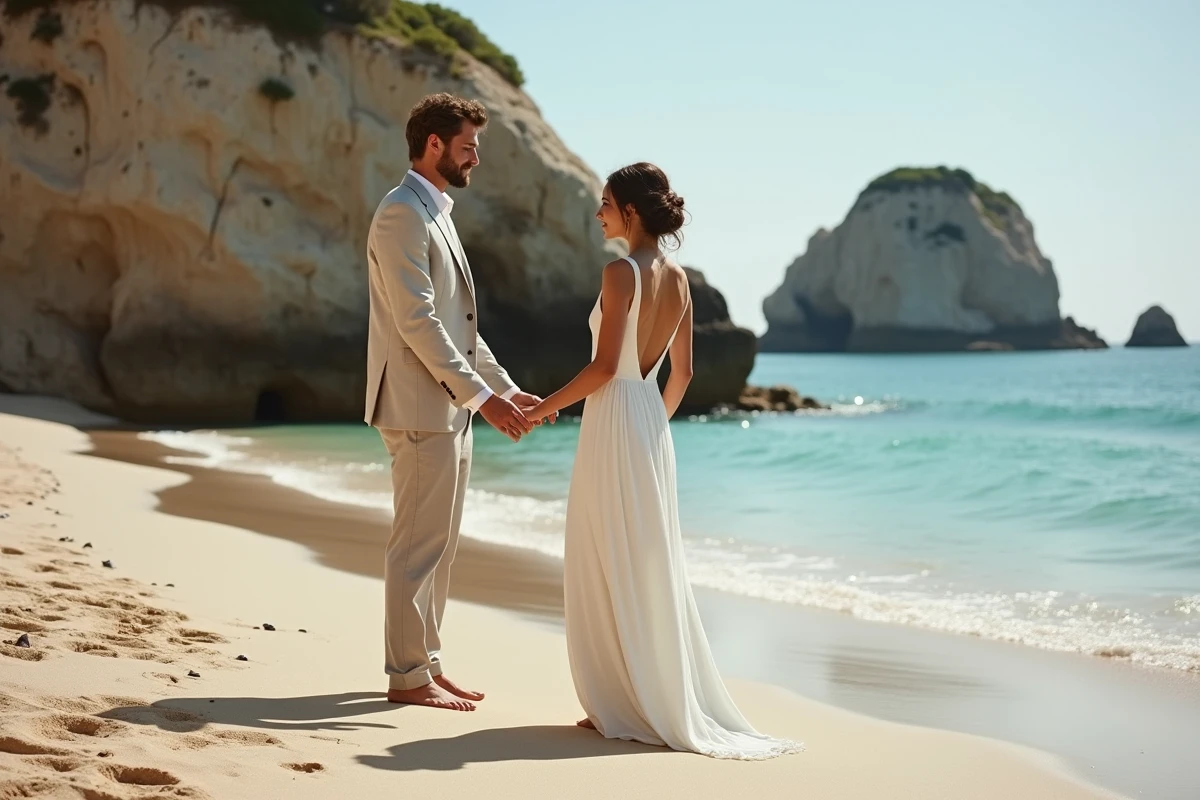 Couple de mariés pieds nus sur une plage rocheuse, mariée en robe bohème dos nu minimaliste blanc cassé