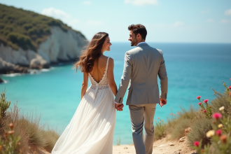 Couple en mariage sur la côte méditerranéenne ensoleillée