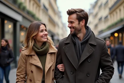 Couple élégant marchant dans Paris avec bâtiments haussmanniens