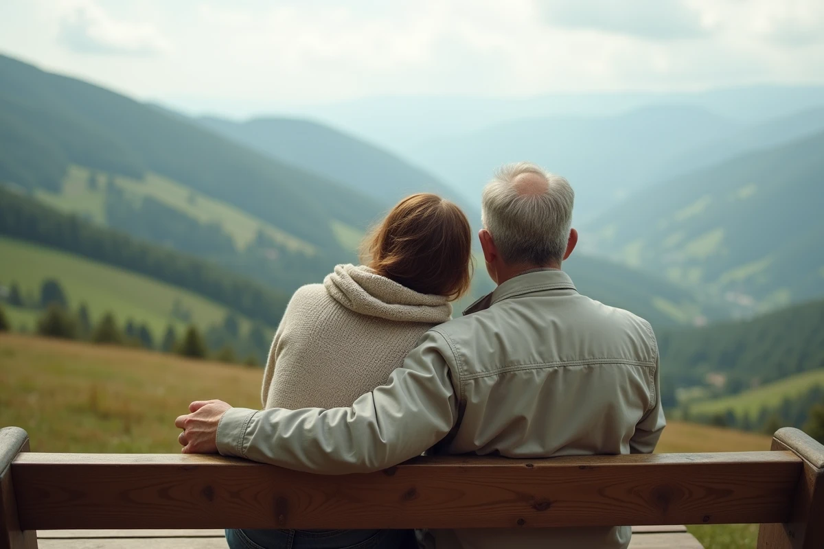 Couple assis sur un banc avec vue sur la nature