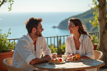 Jeune couple souriant partageant petit déjeuner sur balcon