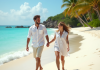 Jeune couple souriant sur une plage de sable blanc