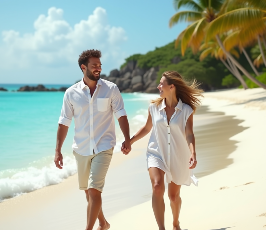 Destination lune de miel idéale : comment bien la choisir ? Jeune couple souriant sur une plage de sable blanc