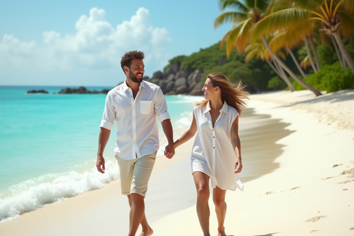 couple-plage-tropicale Jeune couple souriant sur une plage de sable blanc