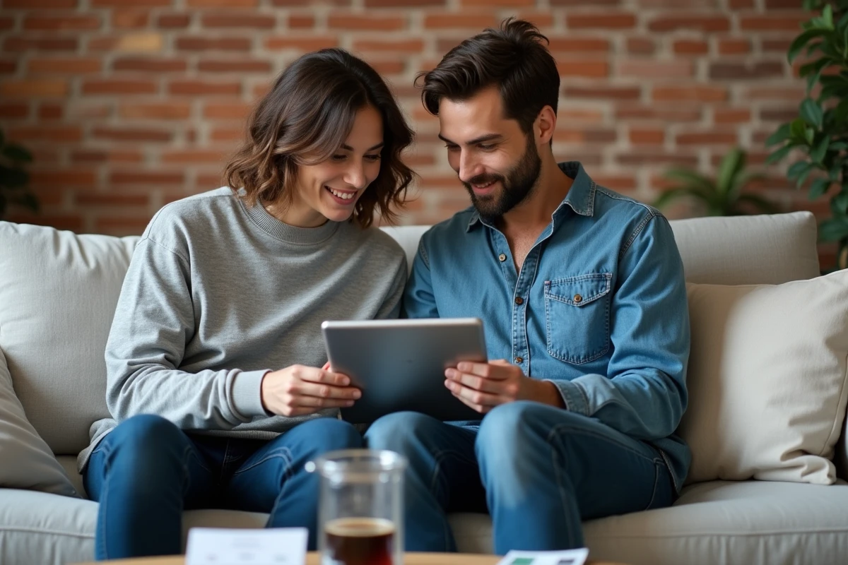 Couple planifiant leur mariage ensemble sur une tablette avec une application de gestion numérique dans un salon moderne