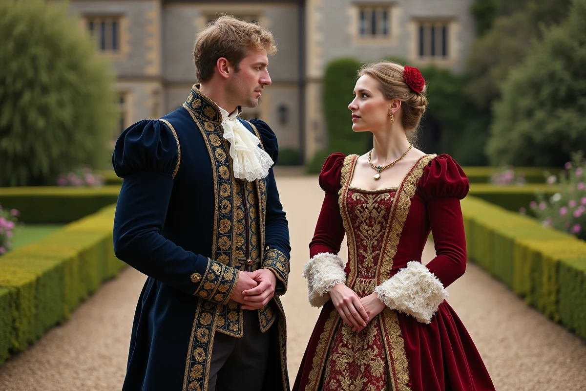 Couple royal en costume tudor dans un jardin élégant