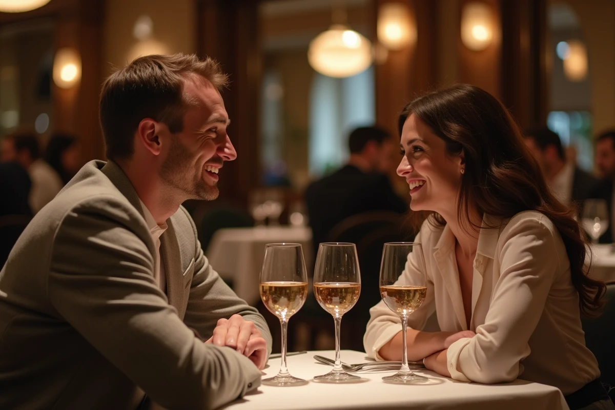 Couple de trentenaires lors d'un premier rendez-vous romantique dans un restaurant élégant à Paris