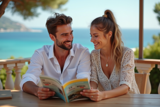 Jeune couple souriant sur une terrasse méditerranéenne en vacances