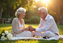 Couple âgé riant lors d'un pique-nique dans un jardin en fleurs