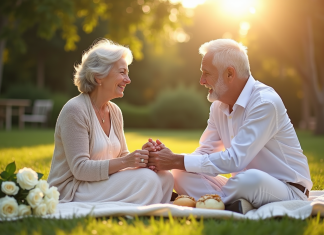 Les idées les plus originales pour célébrer 52 ans de mariage Couple âgé riant lors d'un pique-nique dans un jardin en fleurs
