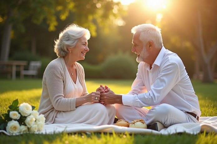 Couple âgé riant lors d'un pique-nique dans un jardin en fleurs