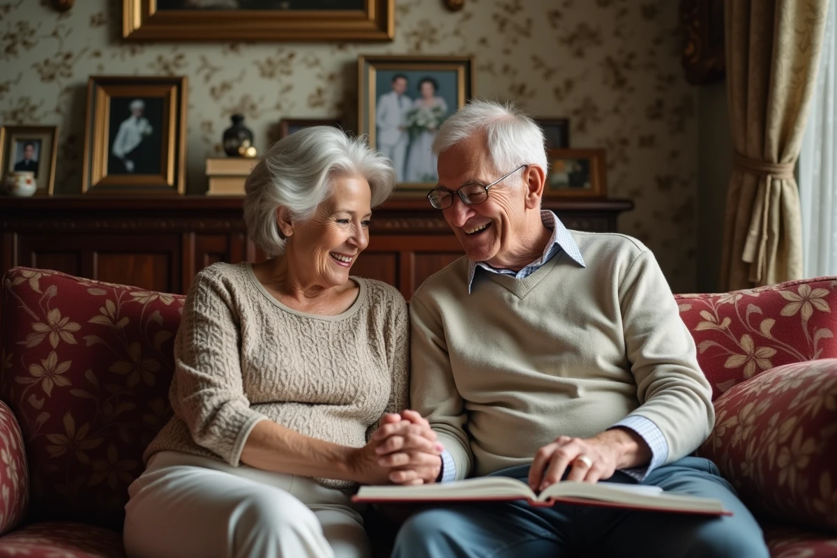 Vieux couple assis sur un sofa avec album de mariage