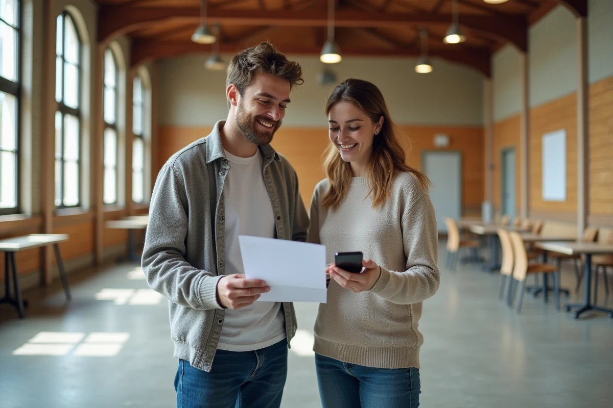 Couple en visite dans une salle des fêtes en semaine pour comparer les tarifs de location réduits
