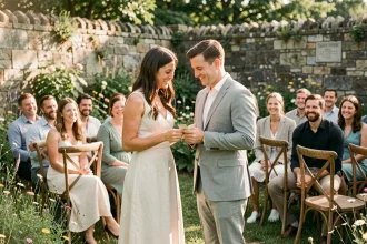 Couple échangeant des vœux personnalisés lors d'un mariage laïque en plein air dans un jardin fleuri