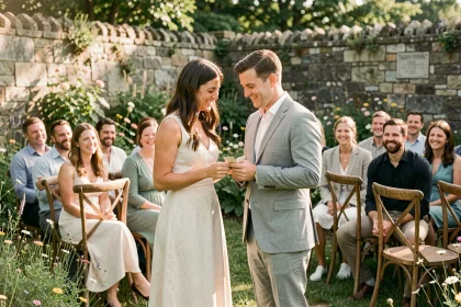 Couple échangeant des vœux personnalisés lors d'un mariage laïque en plein air dans un jardin fleuri
