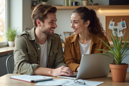 Jeune couple voyageur souriant dans une cuisine lumineuse