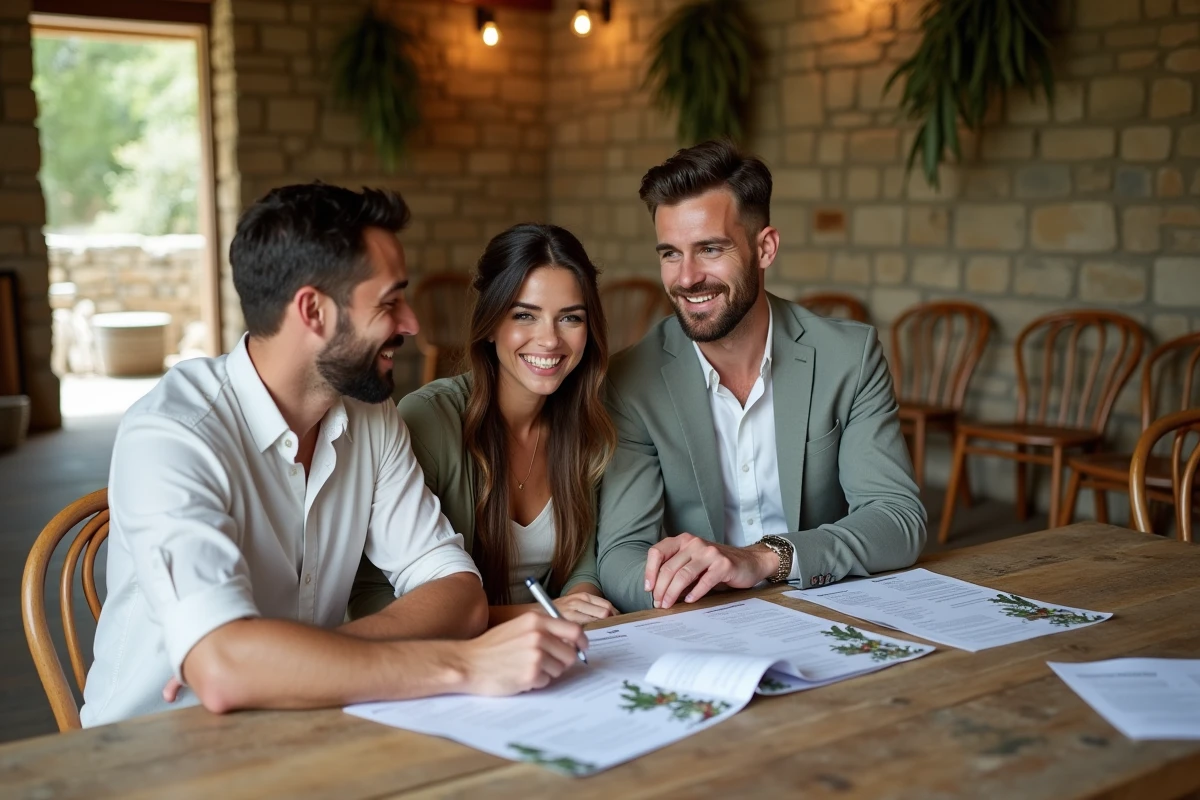 Un couple souriant discutant des prix de mariage avec un wedding planner autour d'une table en bois rustique dans une salle de réception champêtre
