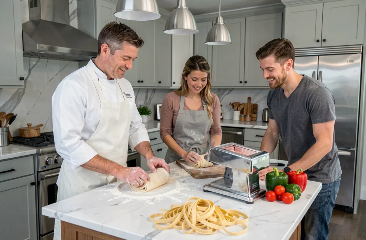 Chef professionnel en tablier blanc animant un cours de cuisine à domicile pour un couple, préparant des pâtes fraîches sur un plan de travail en marbre