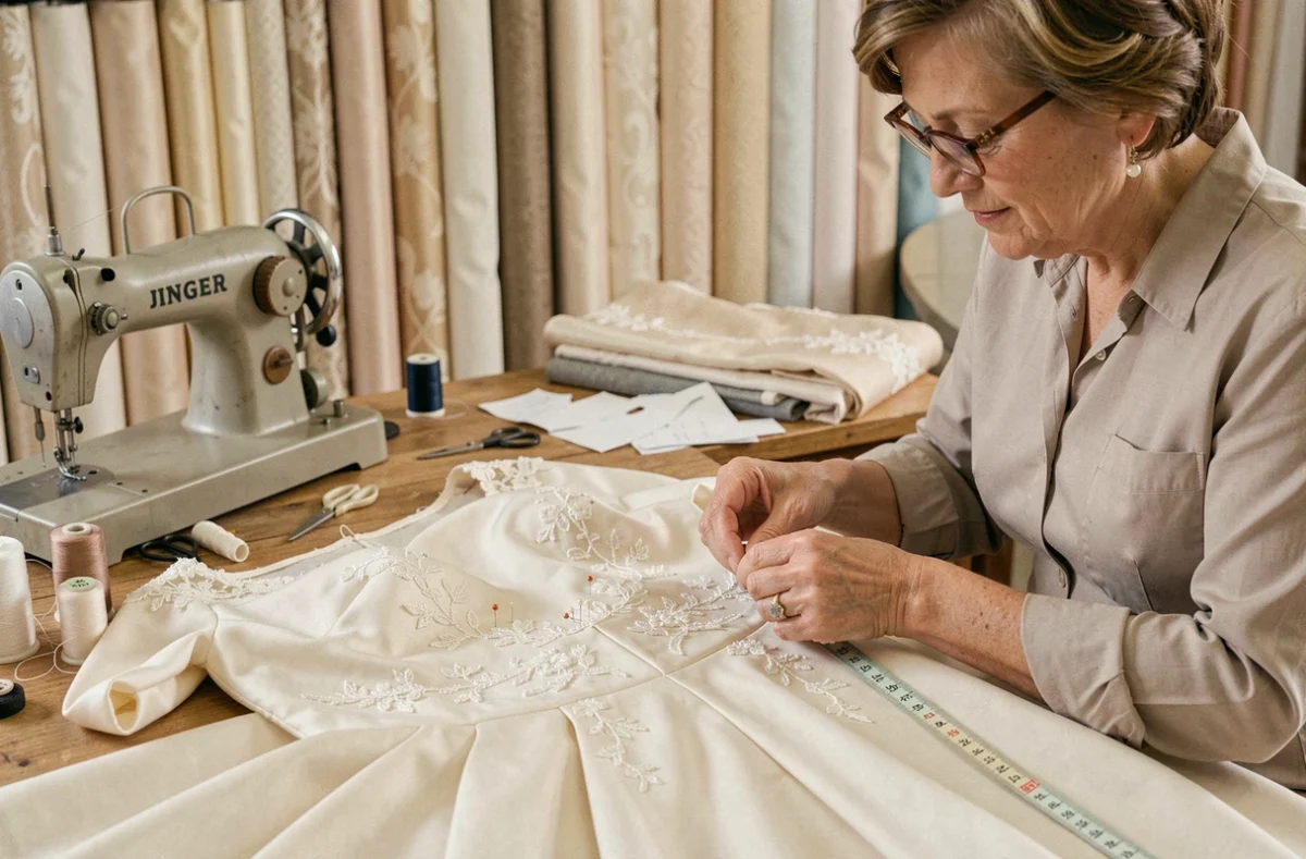 Couturière expérimentée modifiant une robe de style années 60 pour en faire une robe de mariée vintage dans un atelier de couture