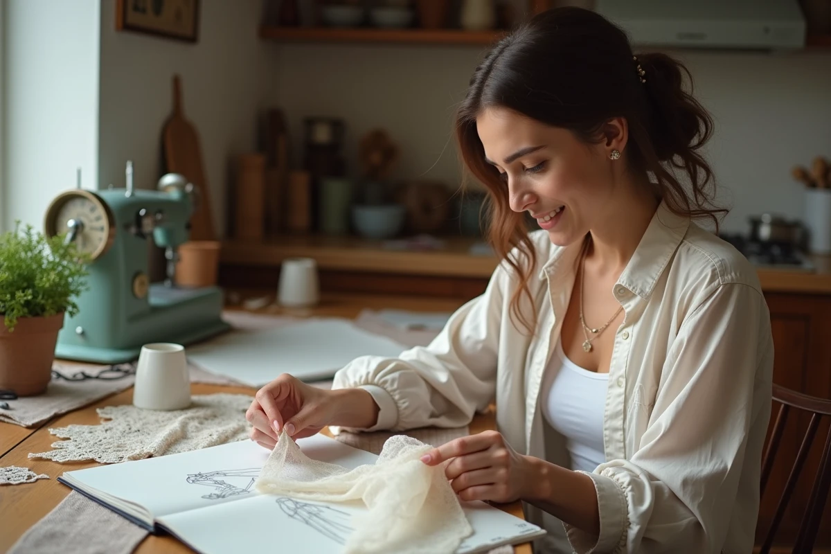Femme créant sa propre robe de mariée unique à la maison avec des tissus et des patrons de couture abordables