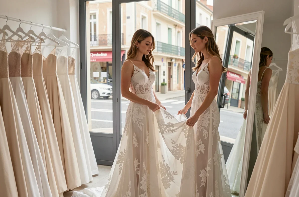 Jeune femme essayant une robe de mariée contemporaine en dentelle dans la boutique Cymbeline à Montpellier