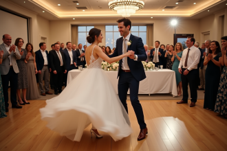 Jeune couple en danse lors d’un mariage élégant