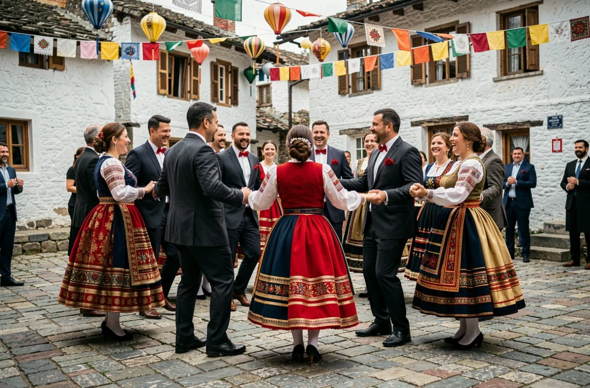 Invités albanais en costumes folkloriques colorés dansant la valle traditionnelle dans une place de village lors d'une fête de mariage