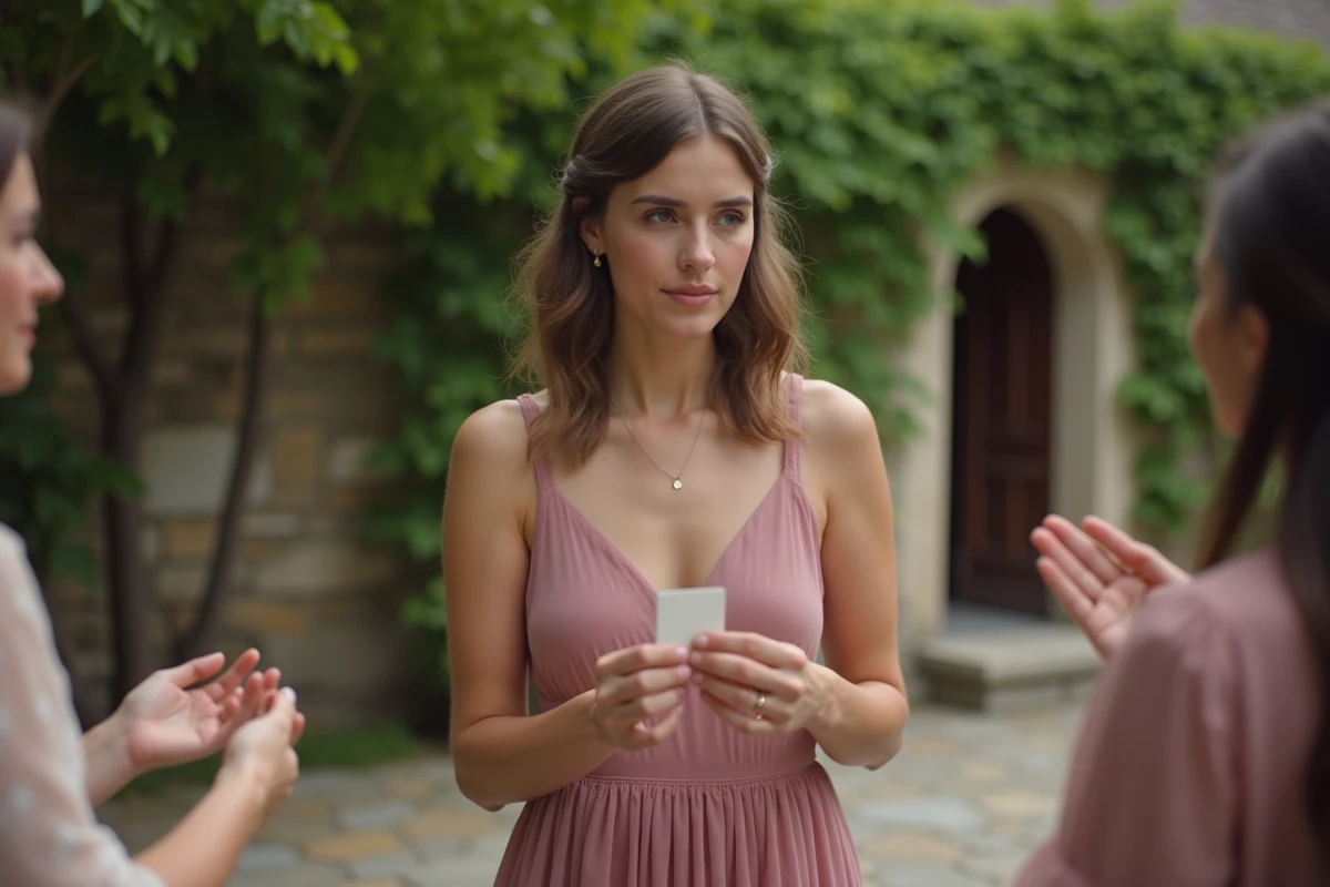 Demoiselle d'honneur timide souriant timidement en participant à un jeu de mariage encouragée par ses amies sur une terrasse en pierre