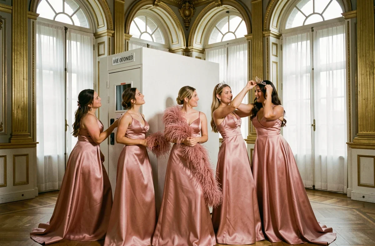 Groupe de demoiselles d'honneur en robes rose poudré s'amusant avec un photobooth KRUU dans un salon haussmannien