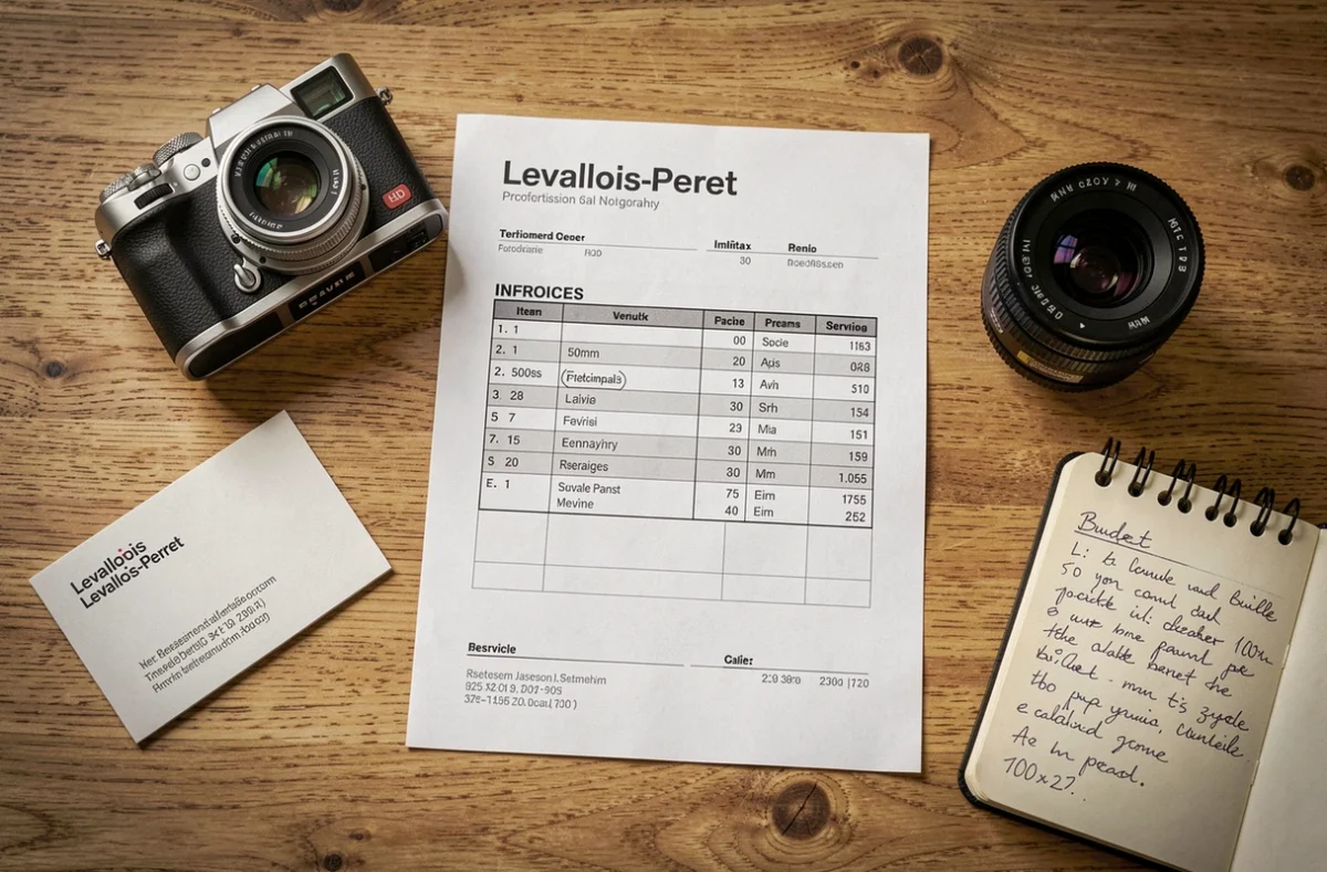 Devis de photographe à Levallois-Perret avec appareil photo, objectif et notes de budget sur un bureau en bois