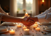Table élégante pour anniversaire de mariage avec mains et bougies