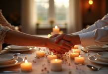 Table élégante pour anniversaire de mariage avec mains et bougies