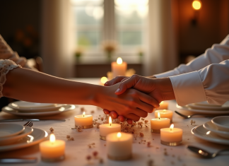 Noces de cire : idées inspirantes pour fêter ses quatre ans de mariage Table élégante pour anniversaire de mariage avec mains et bougies