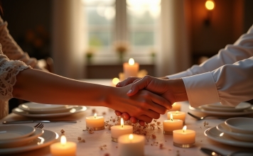 Table élégante pour anniversaire de mariage avec mains et bougies