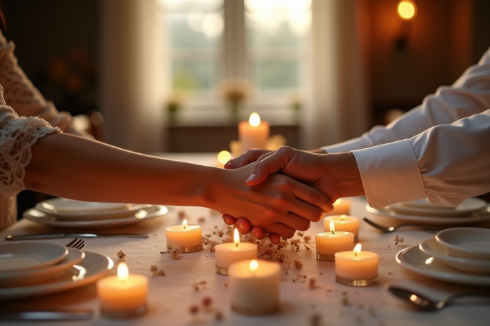 Table élégante pour anniversaire de mariage avec mains et bougies