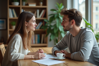 Jeune couple discutant à table dans un appartement cosy