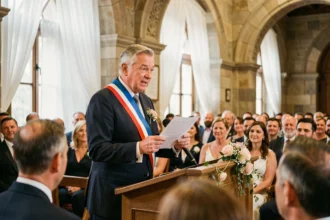 Maire en écharpe tricolore prononçant un discours émouvant lors d'un mariage dans une salle de cérémonie historique