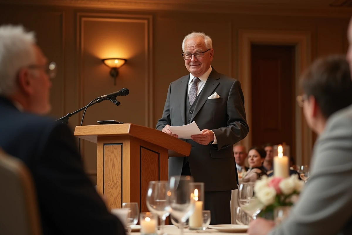 Homme âgé prononçant un discours émouvant lors d'une fête de noces d'or dans une salle de réception