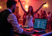 DJ de mariage ajustant un mixer avec mariés dansant en arrière-plan