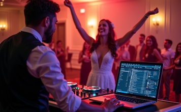DJ de mariage ajustant un mixer avec mariés dansant en arrière-plan