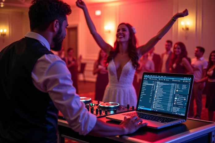 DJ de mariage ajustant un mixer avec mariés dansant en arrière-plan