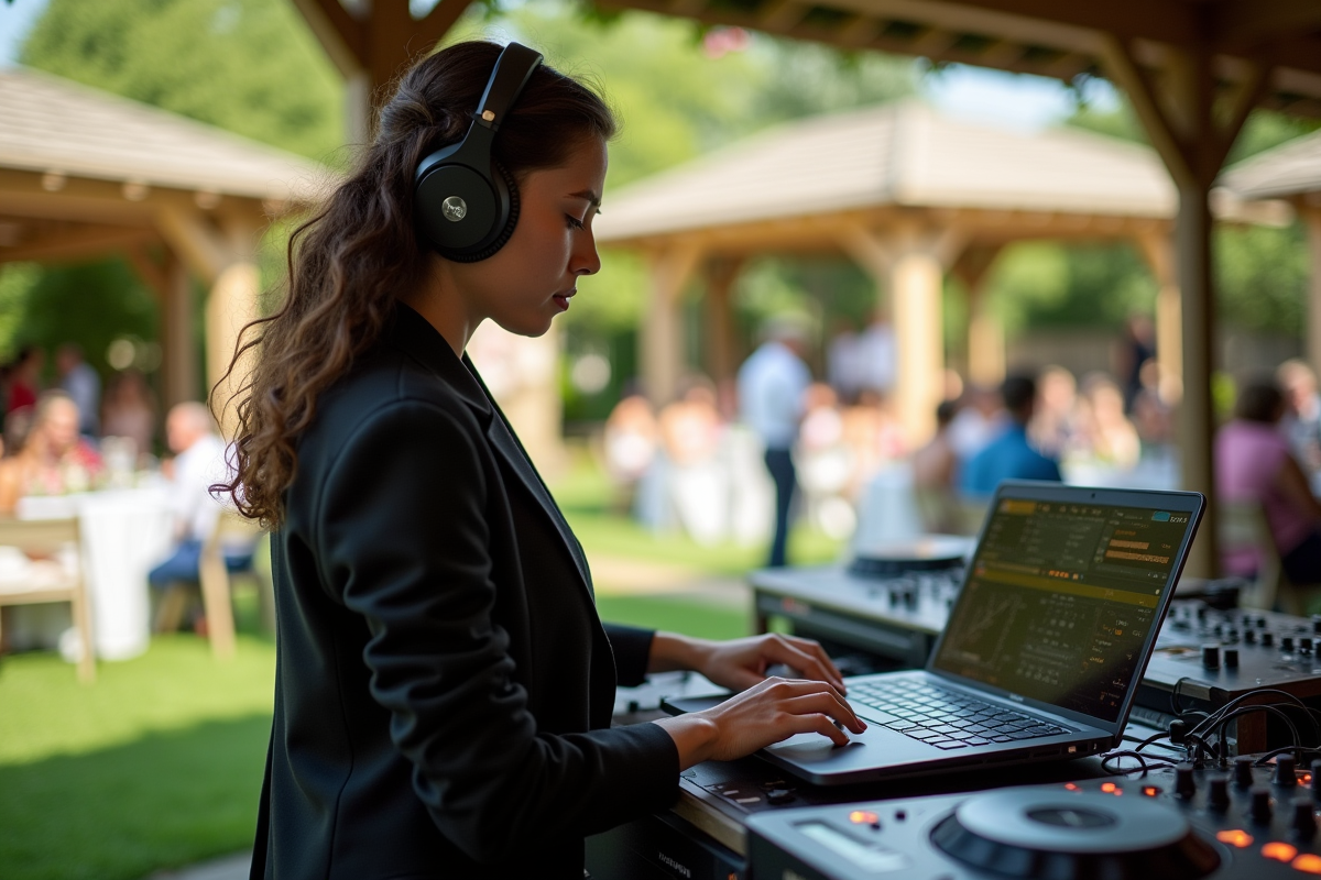 DJ femme en extérieur sélectionnant musique lors d’un mariage