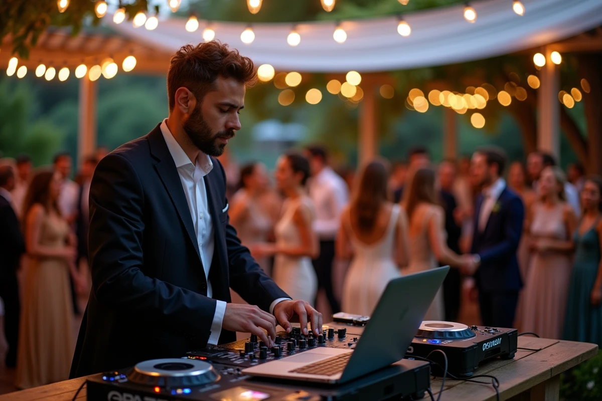 DJ professionnel animant la soirée dansante d'un mariage en plein air sous une pergola décorée pour 100 invités