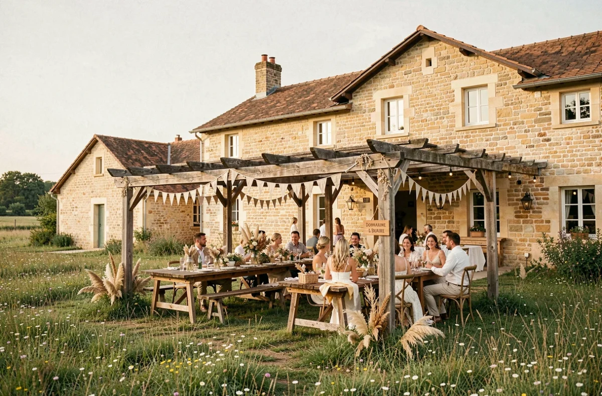 Mariage champêtre au Domaine de la Brulaire en Vendée, avec longues tables sous une pergola en bois, décoration bohème et prairie fleurie environnante