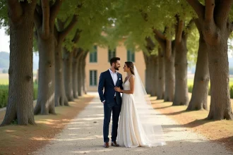 Mariés devant une allée de chênes dans un domaine viticole en Gironde près de Bordeaux avec château en arrière-plan