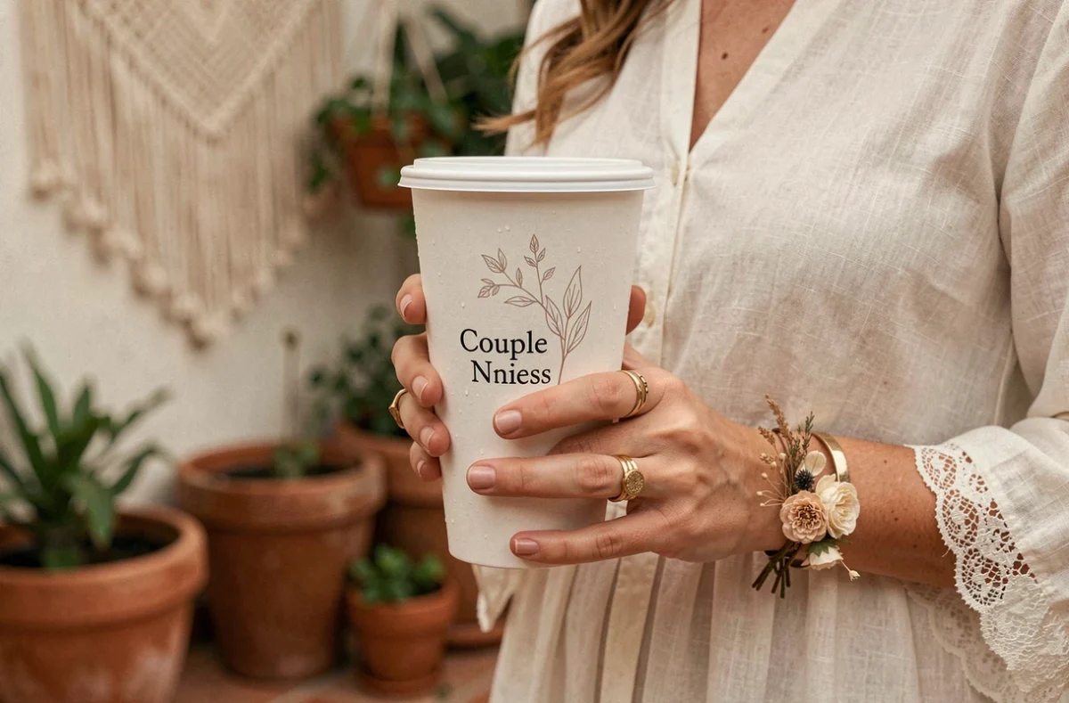 Invitée de mariage tenant un eco cup personnalisé avec initiales et illustration botanique lors d'un cocktail bohème chic en extérieur
